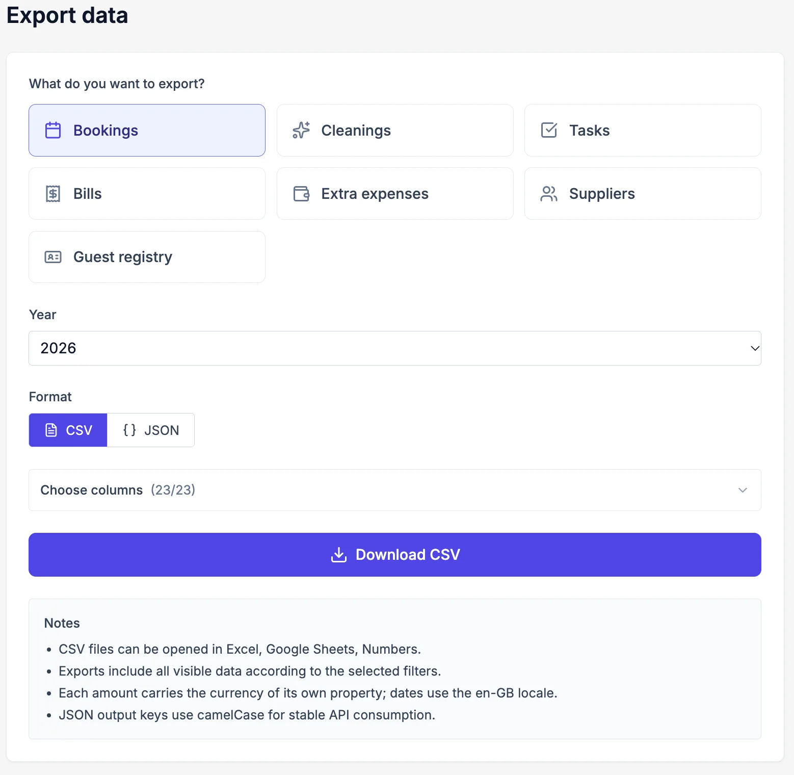 Screenshot del pannello export dati con opzioni download CSV