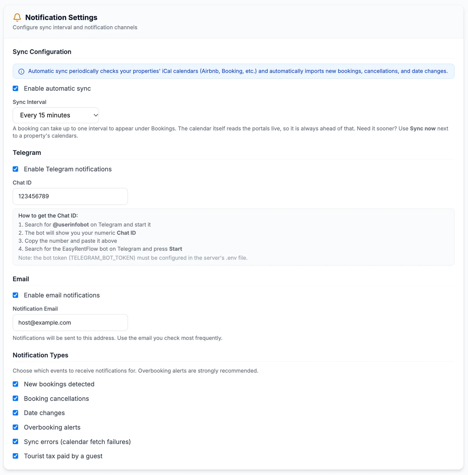 Screenshot del pannello configurazione notifiche