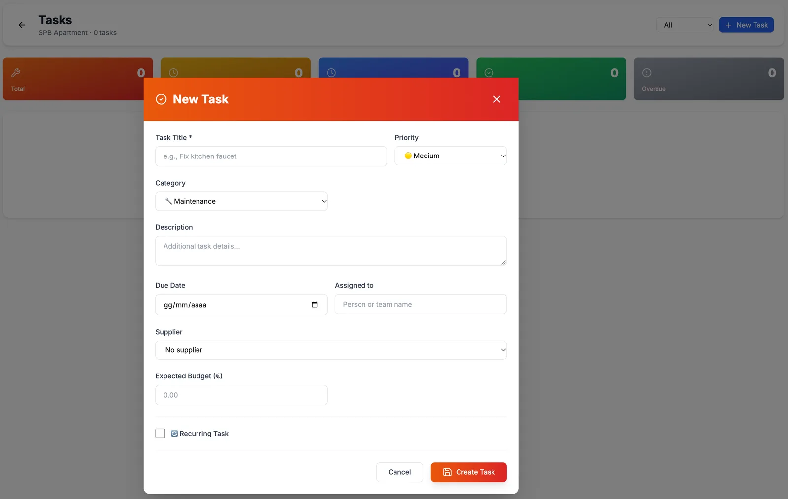 Screenshot des Aufgabenmanagers mit Prioritäten und Status-Tracking